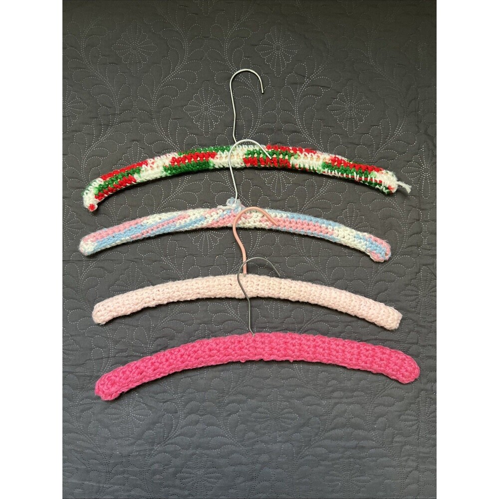 Vintage Lot of 4 Colorful Crocheted Yarn Covered Wooden Clothes Hangers Storage